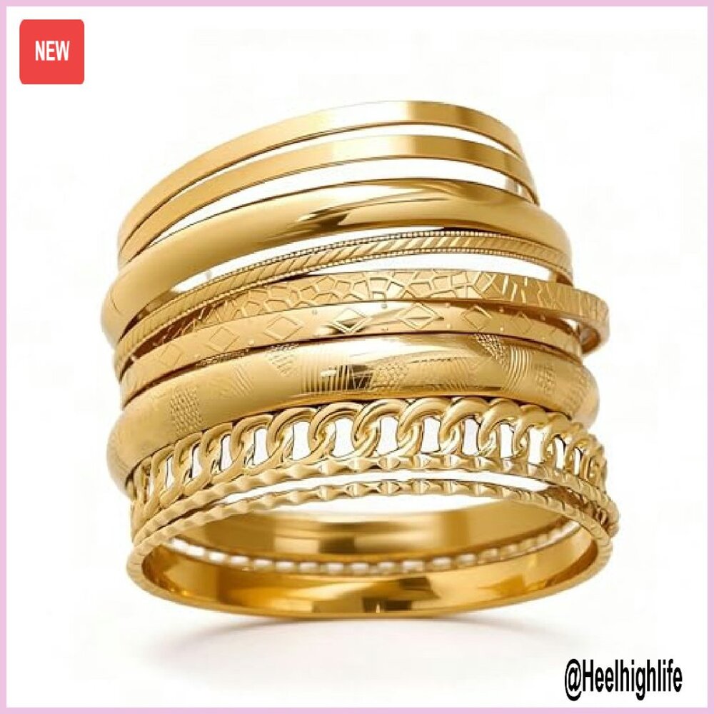 14k Gold Plated Stackable Bangle Set, 10 Chunky T… - image 2